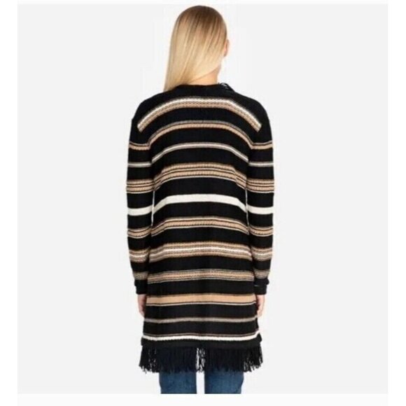 Johnny Was Ada Cardigan Sz M Black Brown Stripe Alpaca Wool Fringe Boho Sweater - Picture 3 of 11